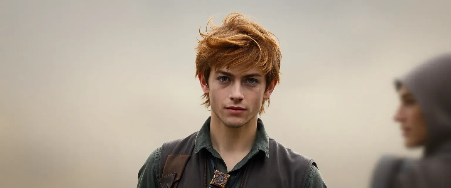 Young man with unruly chestnut hair, bright eyes, wearing a leather vest and practical attire, carrying a wooden pendant.