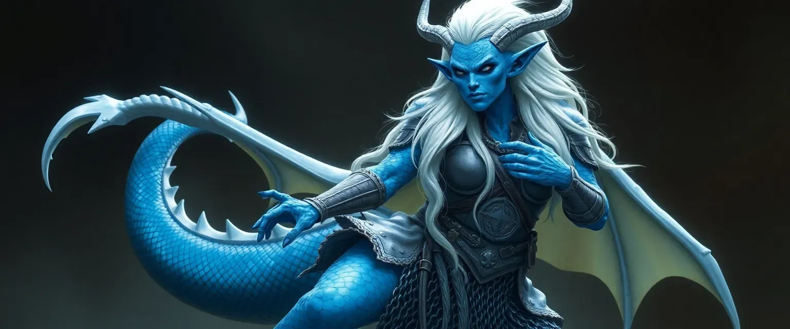 Blue-skinned god with dragon legs, tail, white-to-blue hair, pointed ears, in grey armor and chain mail skirt.