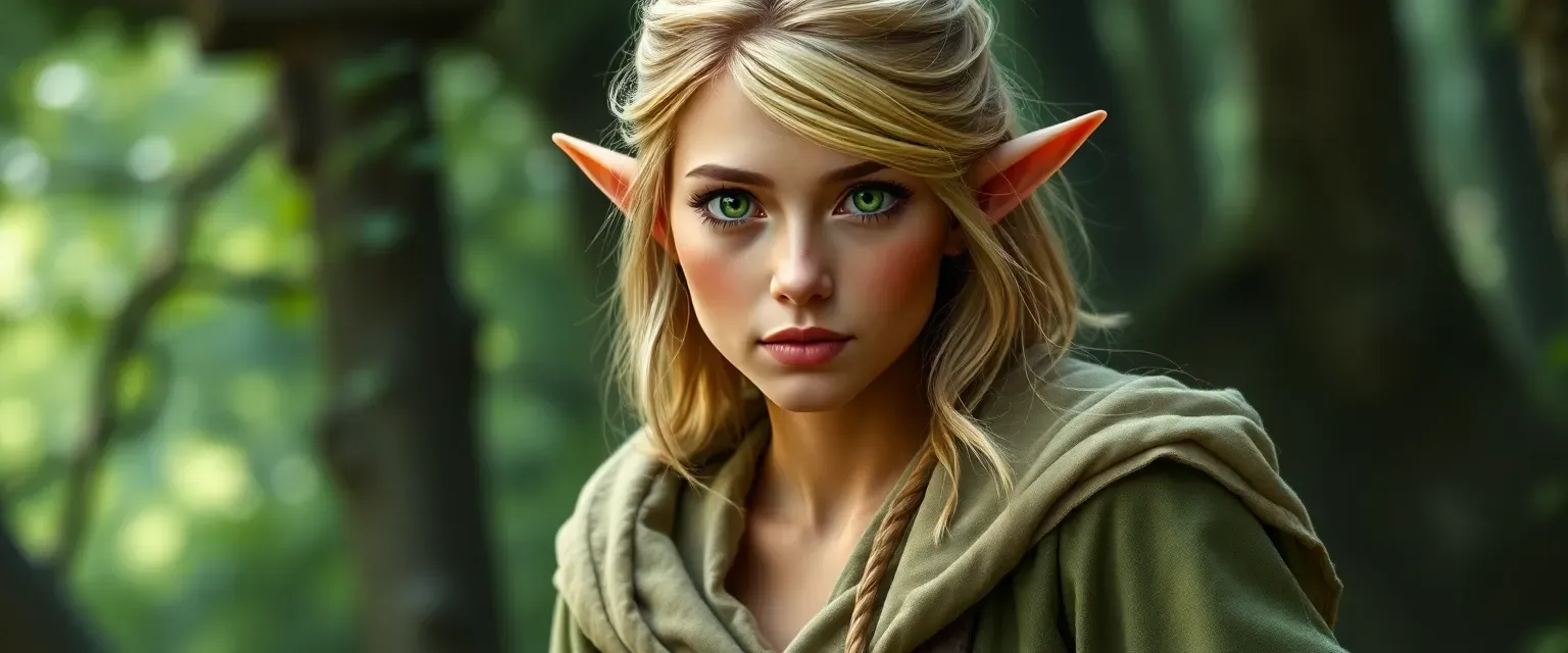 28-year-old elf, 5'8", dirty blonde mid-length hair, green eyes, wearing nature-themed robes.