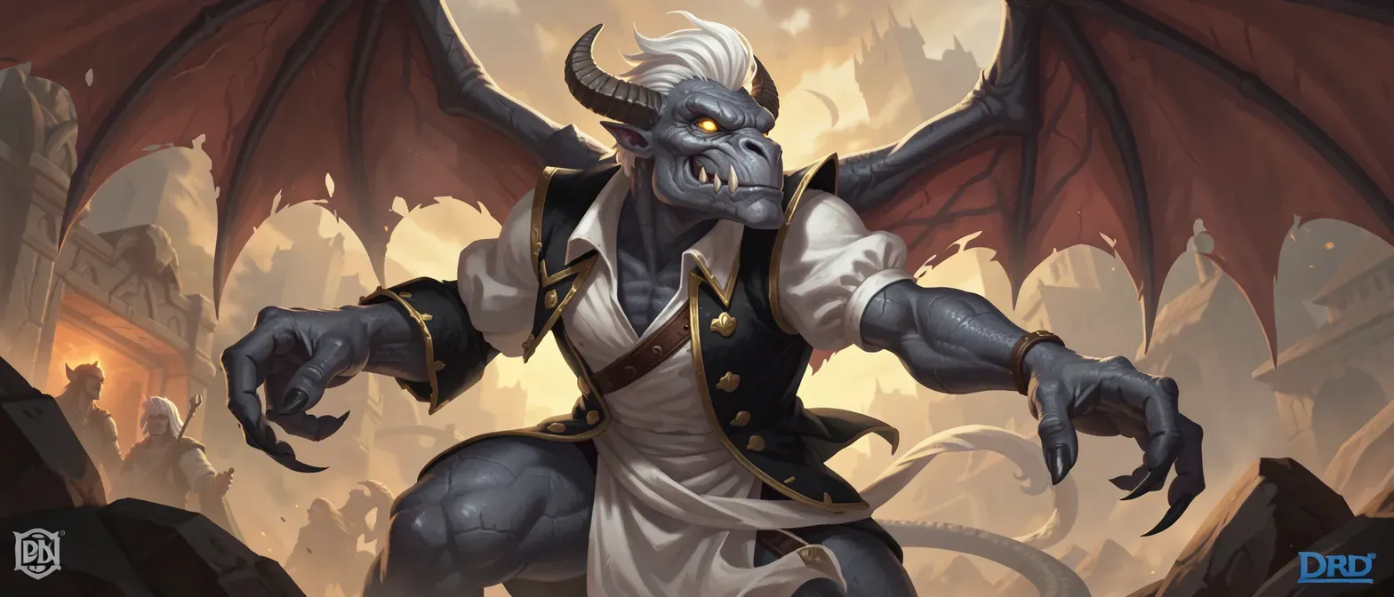 Deep grey stone-like skin gargoyle with swept-back white hair, glowing golden eyes, curved horns, leathery wings, reptilian talons; wears gold-trimmed black duster over white puffed-sleeve shirt and white sash.