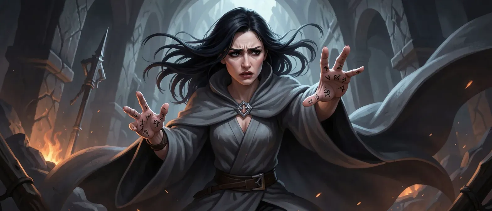 Pale woman with raven hair, dark sorrowful eyes, wearing ash-gray cloaks and tracing runes on her palms, aura of angst and doom.