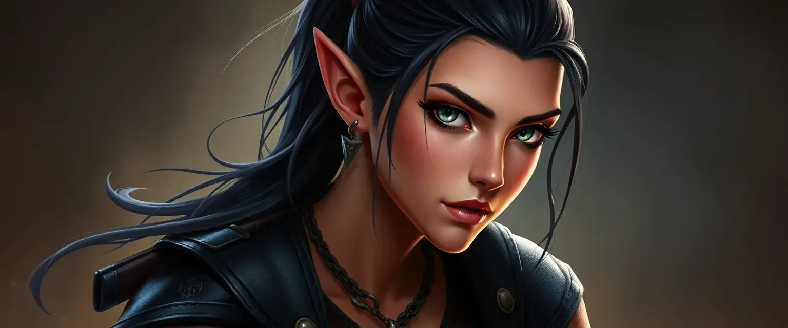 Elf with grey eyes, dark hair in ponytail, athletic build, dressed in dark leather with arcane symbols.