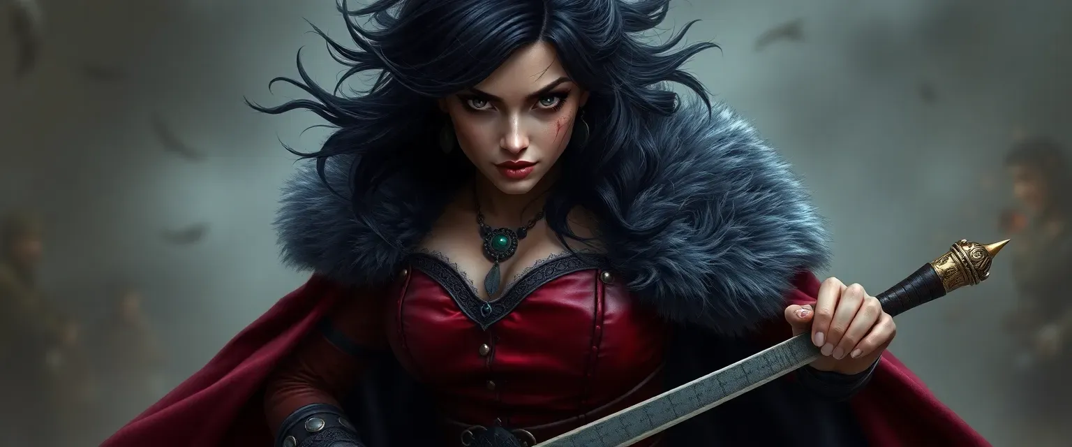 A fierce 34-year-old woman with pale scarred skin, wild raven-black hair, emerald eyes, wearing a blood-red leather corset, iron-plated breeches, and a gray fur-lined cloak, wielding a sword at her hip.
