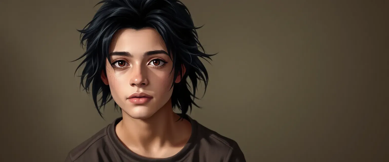 19-year-old Clide, 5'4", black messy hair, deep brown eyes, wearing a t-shirt and jeans.