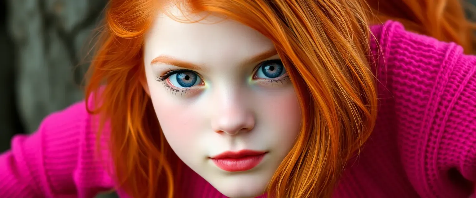Thirteen-year-old girl with orange hair, white skin, red lips, and purple-bronze eyes, wearing pink sweaters or dresses with emerald leggings.