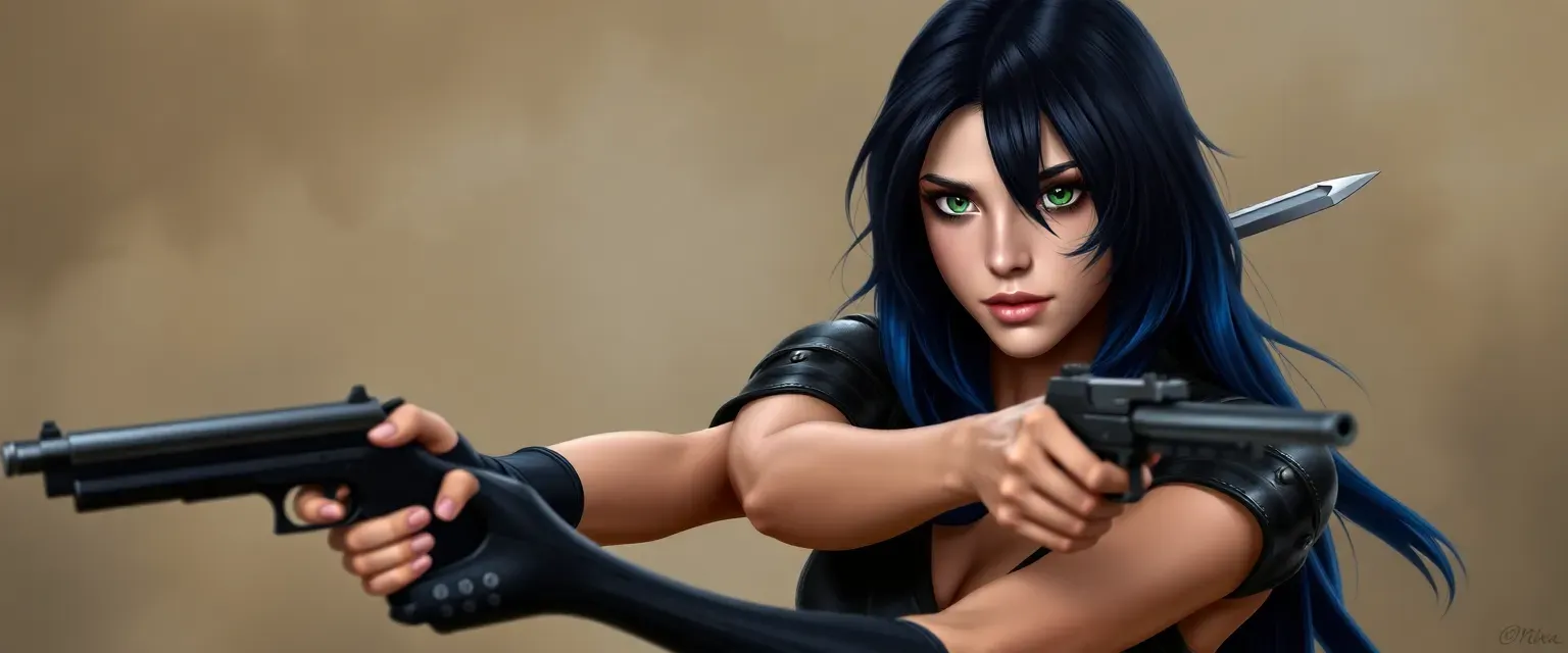 17-year-old Nova with straight black hair, blue-dyed ends, dark green eyes, in Scout leathers, wielding guns and daggers.