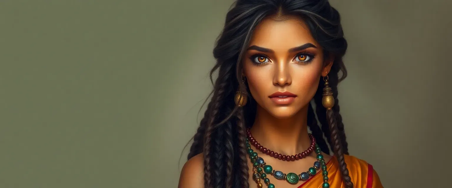 A young woman with sun-kissed skin, midnight hair with simple beads, and amber eyes, wearing fine silks and colorful jewelry.