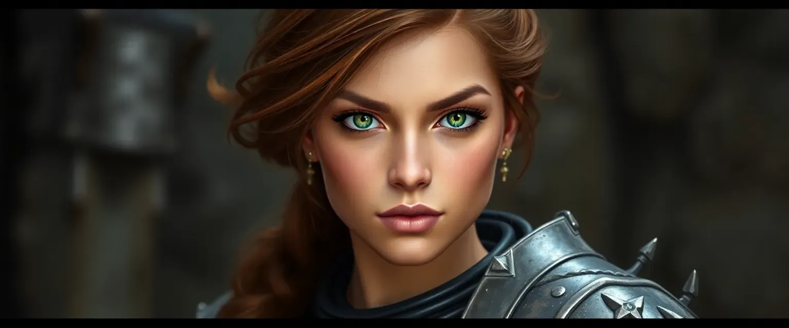 Young woman, dark skin, auburn hair, green eyes, wearing half plate armor.