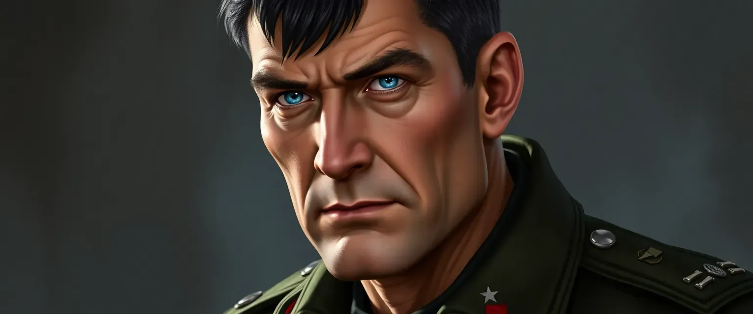 Soviet general, 48, tall, muscular, piercing blue eyes, short dark hair, military uniform.