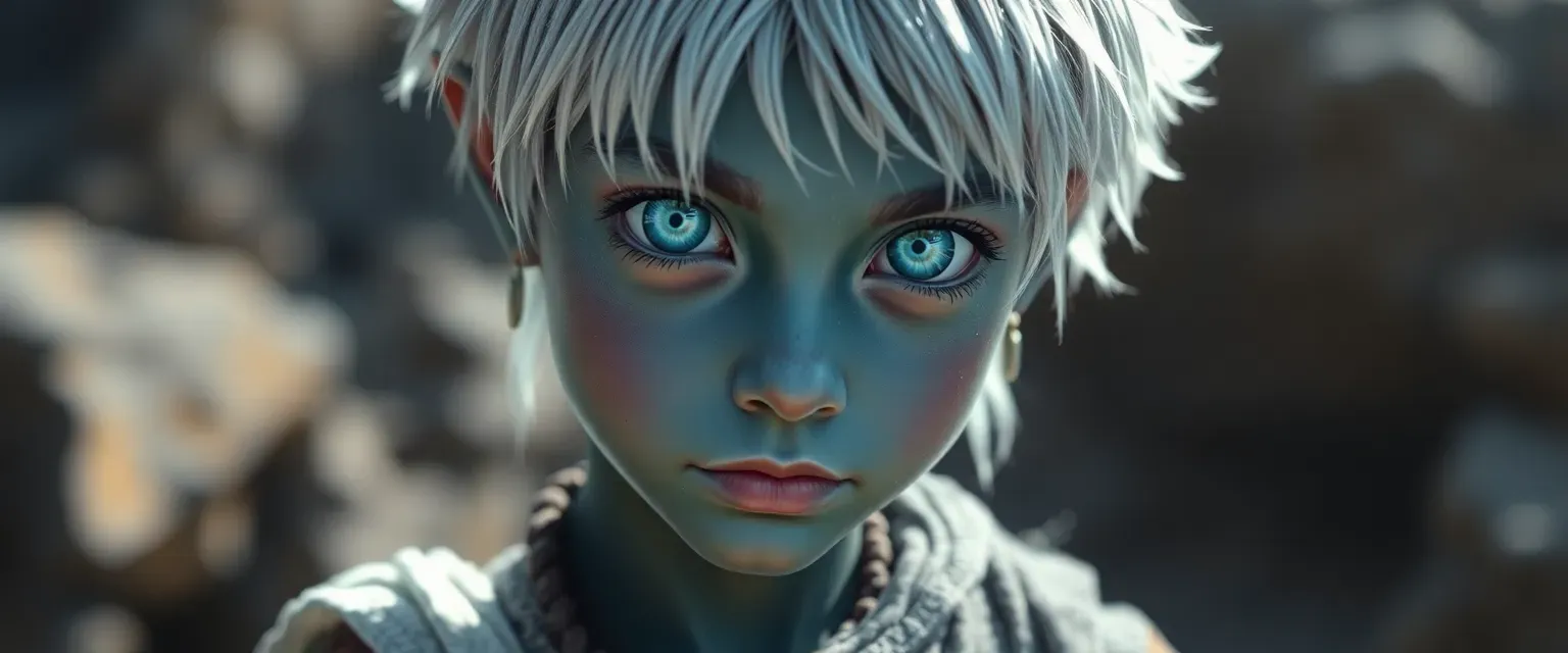 Young Trennixan boy, azure skin, silver hair, large luminous eyes, clad in mismatched rags.