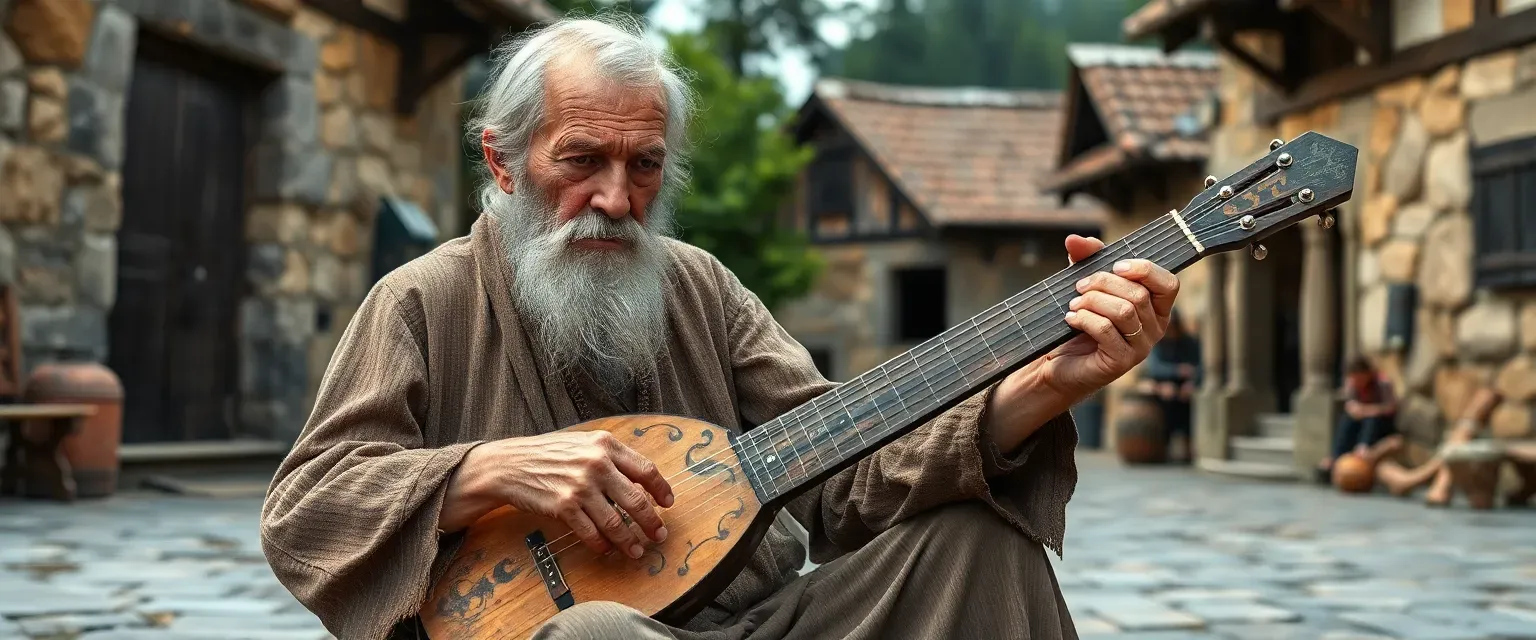 An ancient Slavic man, over 100, mute, wrinkled, playing a one-stringed wooden instrument, sitting in a village square.