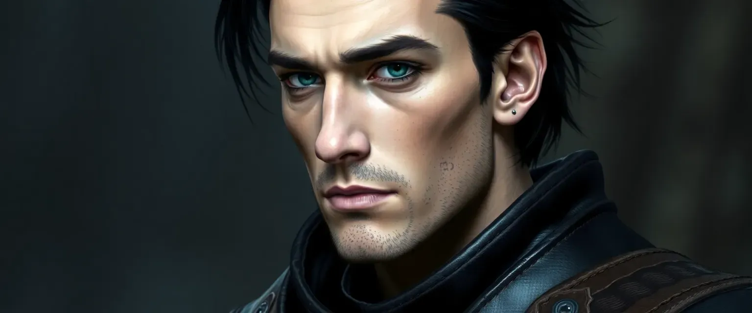 Tall, lean man with pale skin, dark leather armor, gray eyes, black hair, scar on left cheek.