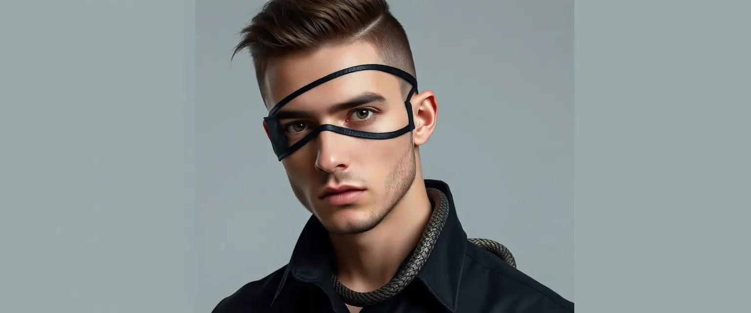 Young man with a black eyepatch, half-face mask, black shirt, leather pants, and a concealed snake tail.