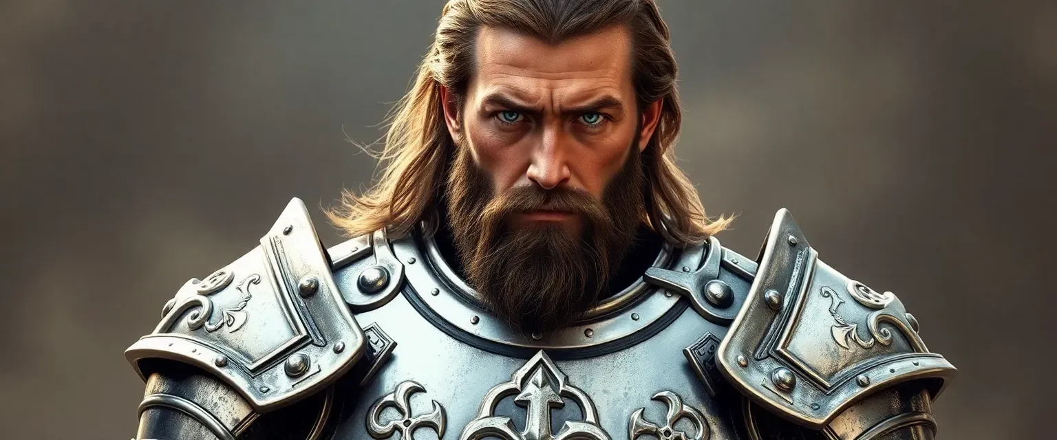 A tall, muscular man in his mid-30s wearing gleaming silver plate armor adorned with holy symbols. Long brown hair, neatly trimmed beard, and piercing blue eyes. Battle scars visible on face.