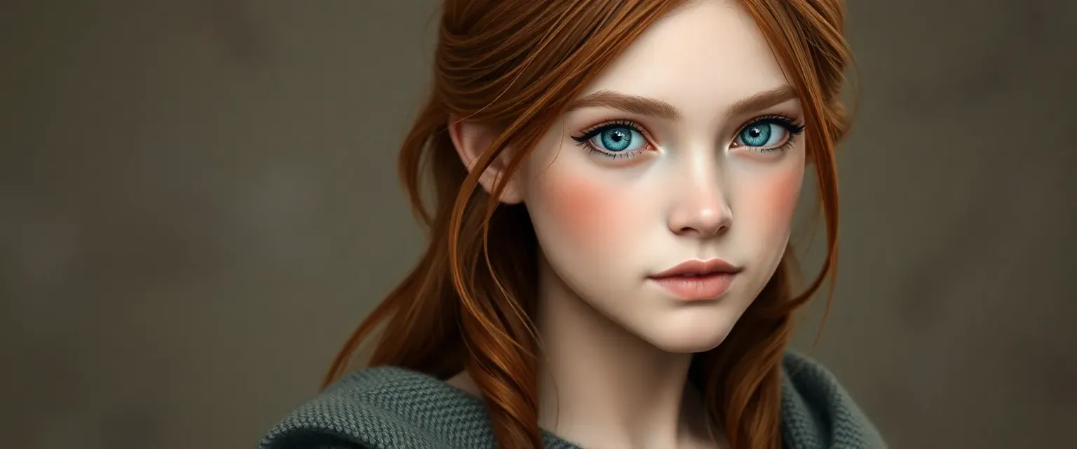 16-year-old girl with pale skin, deep blue eyes, and chestnut hair, wearing a simple dress and shawl.