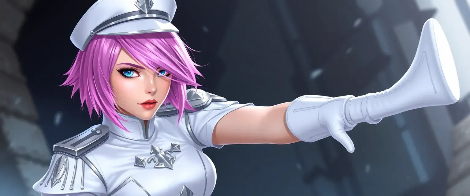 Lilac to pink gradient hair, sharp geometric cut, bright blue eyes, white tunic with silver emblems, royal officer's uniform, matching cap and white gloves and boots.