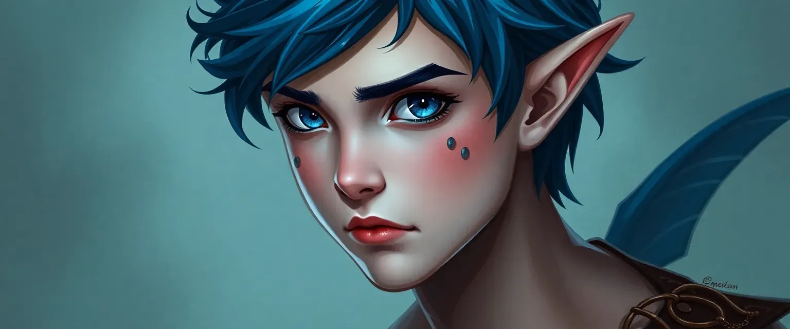 Young merfolk prince with dark blue hair, blue eyes, scars, fins, and a thin tail.