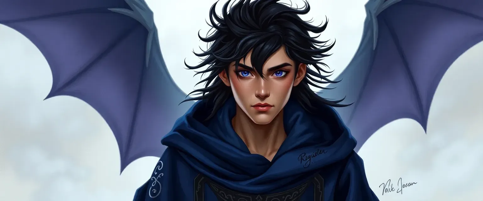 Seventeen-year-old mage with violet eyes and wild black hair, wearing a deep blue robe with silver runes.
