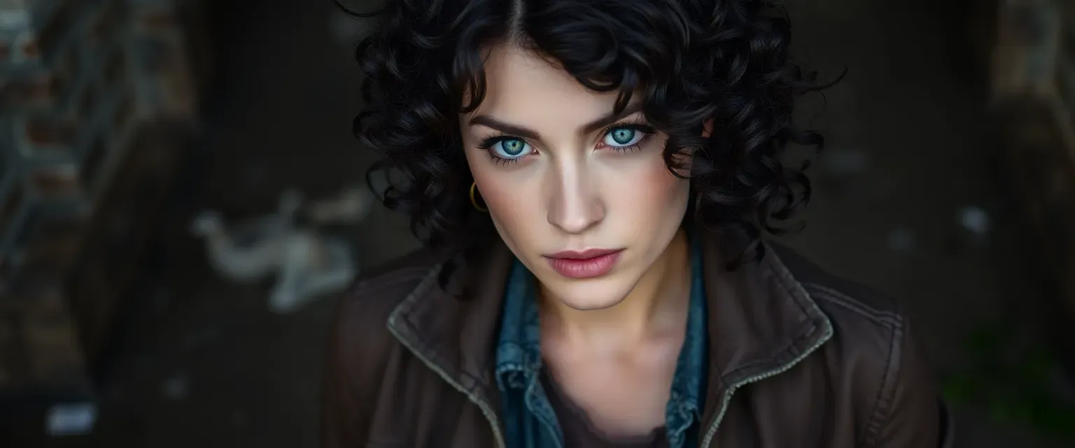 Mid-20s woman with dark, curly hair and piercing green eyes, wearing a faded jacket and torn shirt, scuffed boots.