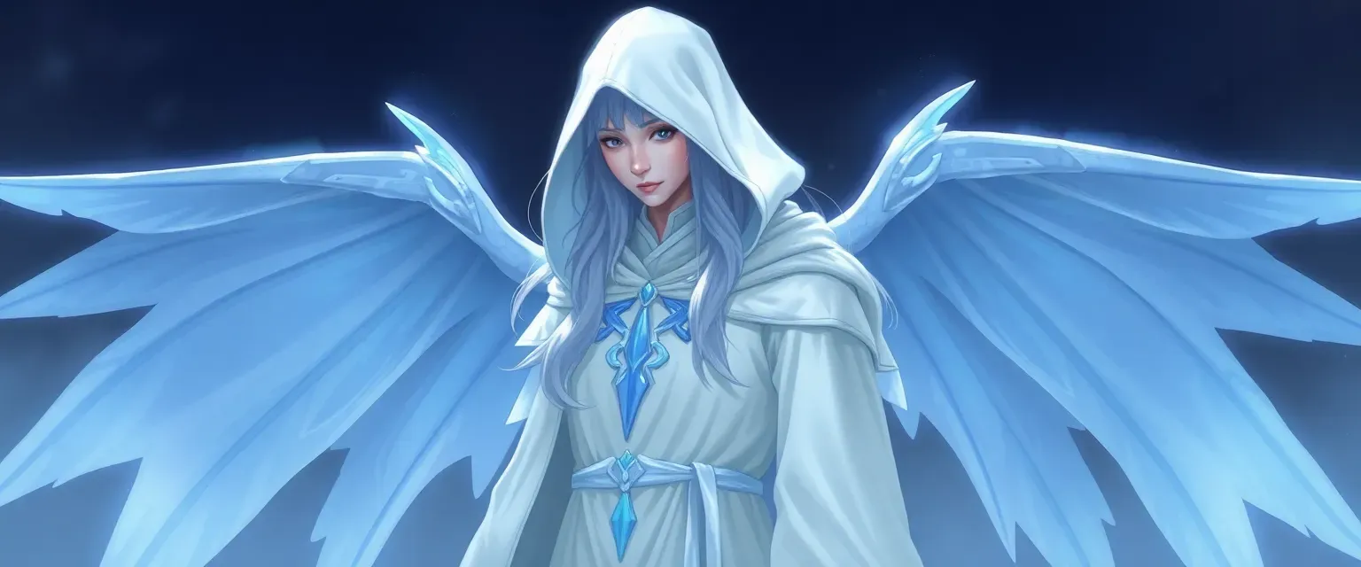 Ethereal figure in white robes with blue details, hooded, pale blue wings, long silver hair.