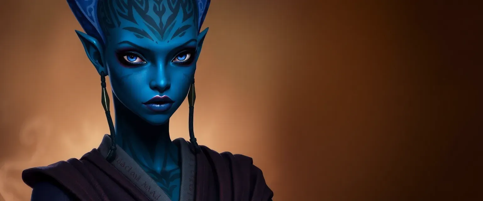 Tall Twi'lek Jedi with deep blue skin, violet eyes, and intricately tattooed lekku, wearing tailored Jedi robes.