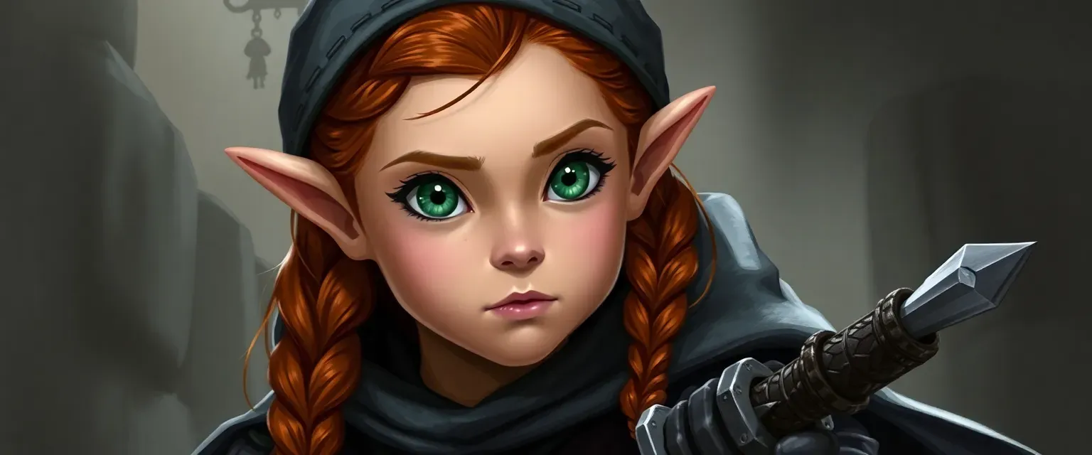 Petite halfling rogue, 28, with long auburn hair in Viking braid, scar over right eye, emerald eyes, wearing black leather armor and gray hooded cloak, daggers at belt.