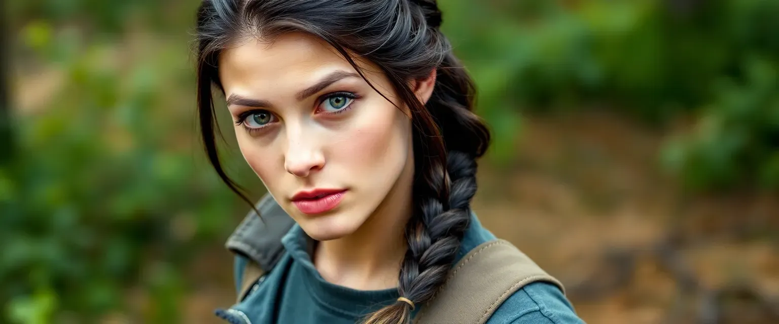 Athletic woman, 5'6", sharp gray-green eyes, dark brown hair in a braid, practical clothing, scar near temple.