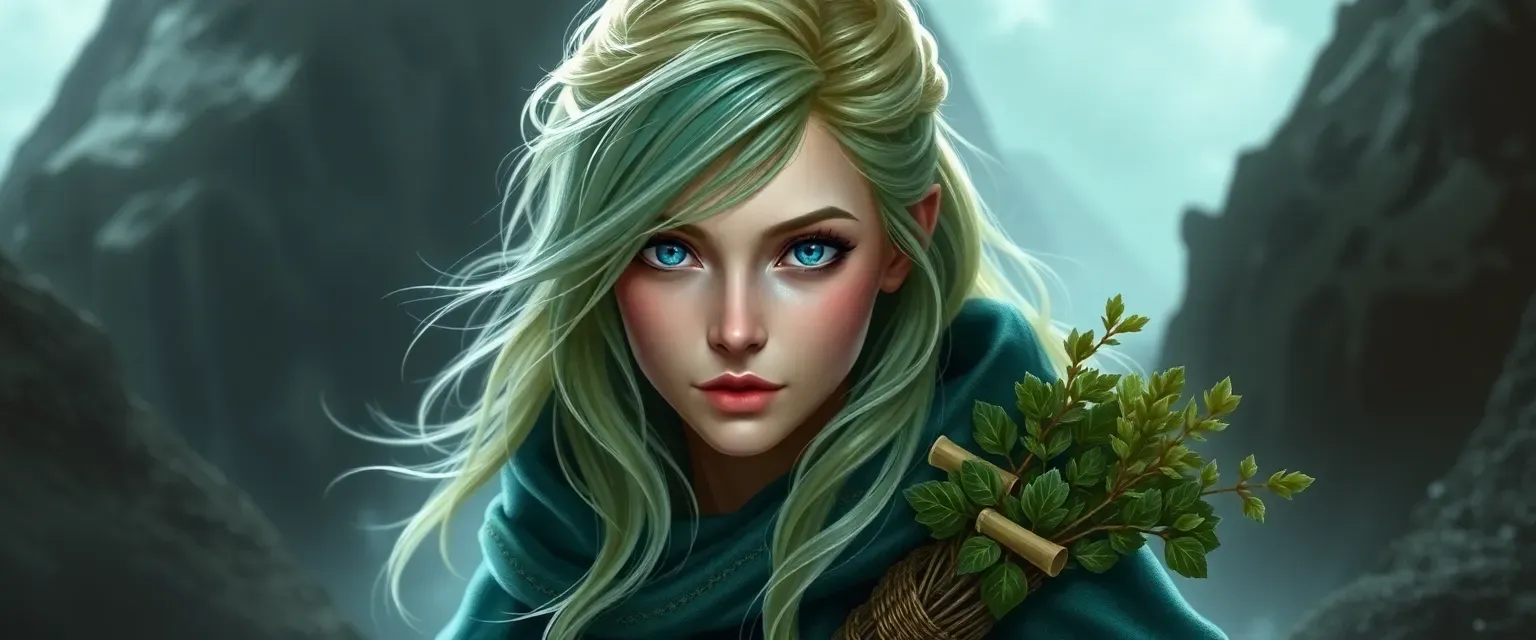 32-year-old woman with sea-green streaked blonde hair, azure eyes, wearing a kelp cloak and carrying a herb bundle.