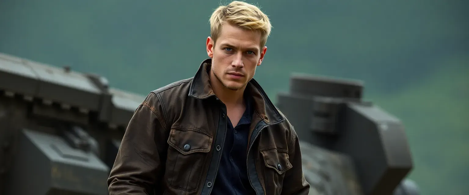 Lean man, 5'7", early 30s, dirty blonde short hair, blue eyes, wearing a weathered leather jacket and cargo pants.