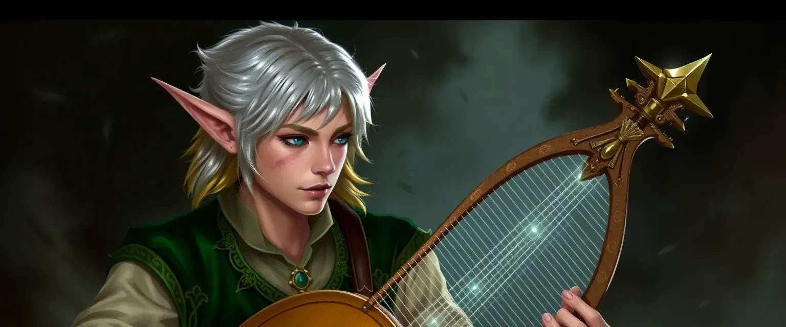 Half-elf bard with silver and gold hair, green velvet doublet, and a lyre.