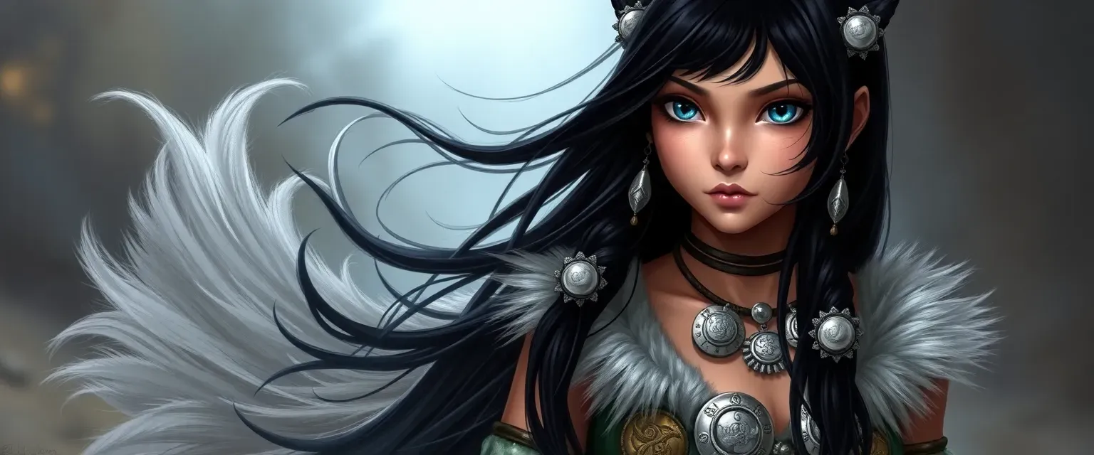 16-year-old girl with long black hair, dark blue eyes, and a fluffy tail adorned with silver ornaments, reflecting her tribe's lunar worship.