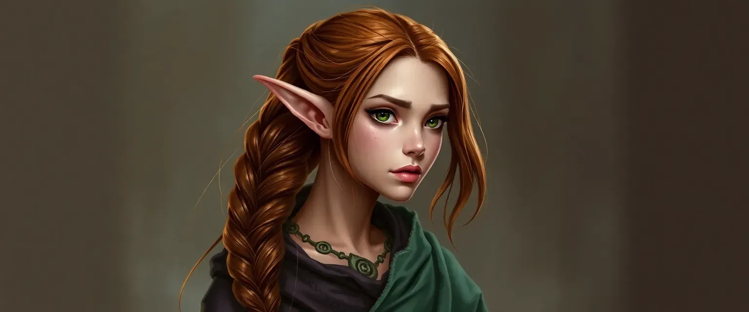Reborn half-elf with pointed ears, slender build, chestnut hair in a braid, wearing monk robes with druidic symbols.