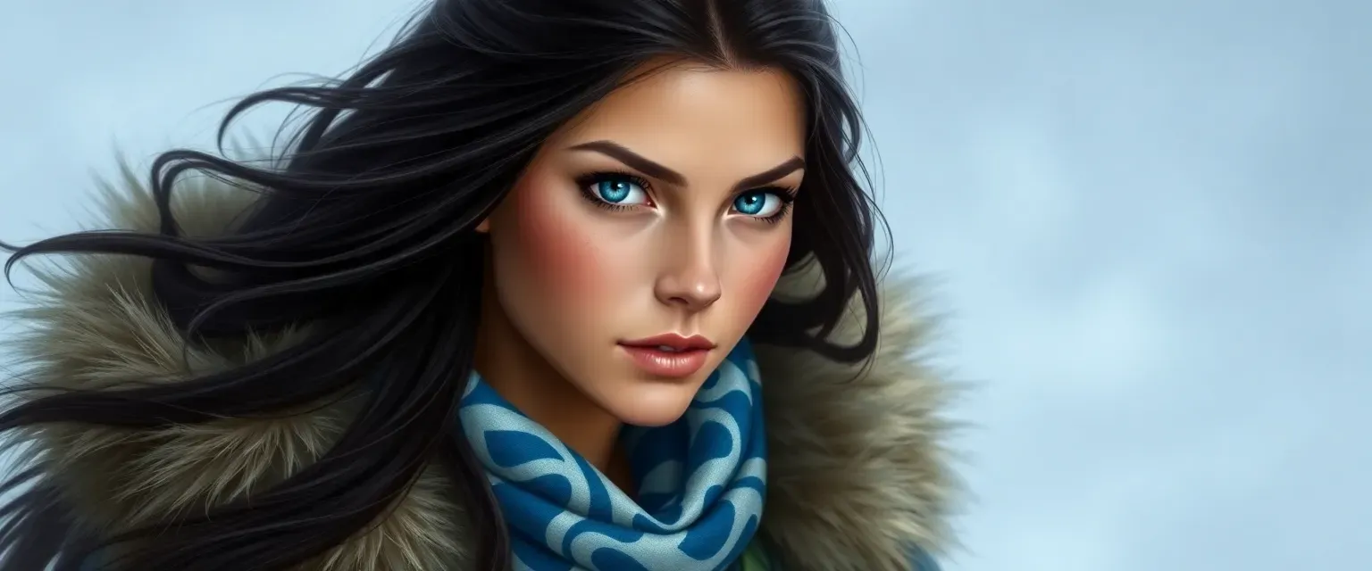 Young woman with long dark hair and blue eyes, wearing traditional Water Tribe blue and white attire with a fur-lined parka.