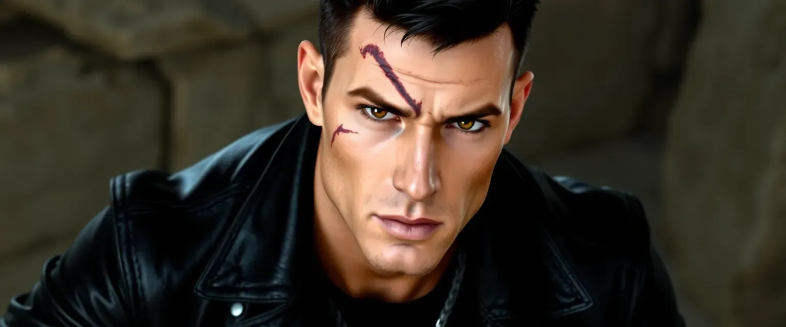 Early 30s, lean muscular build, close-cropped dark hair, deep brown eyes, jagged scar on face, black leather jacket, dark jeans, heavy boots, silver chain necklace.
