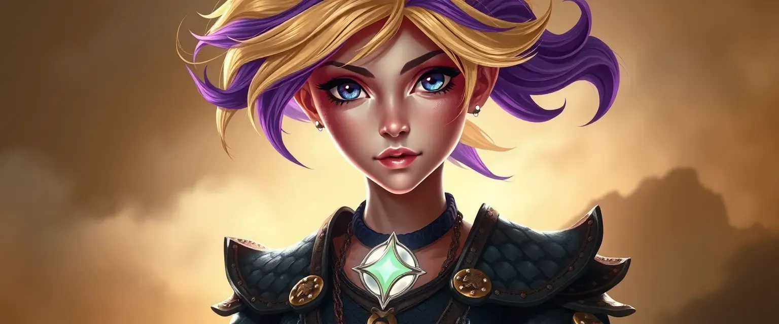 Petite woman with wild blonde and purple hair, storm-gray eyes, glowing scar over heart, wearing dragon-scale leathers and arcane relics.