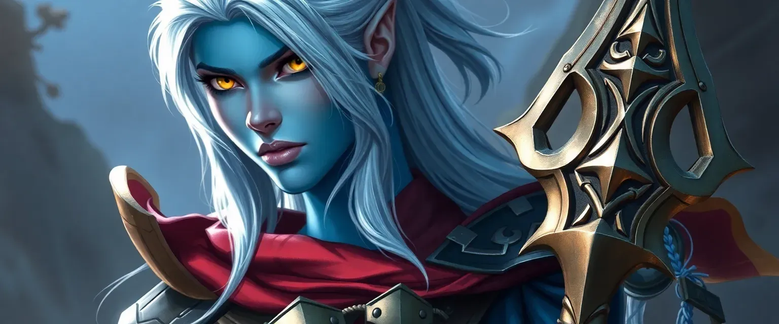 Tall female warrior with azure skin, silver hair, yellow eyes, wearing zoracite armor.