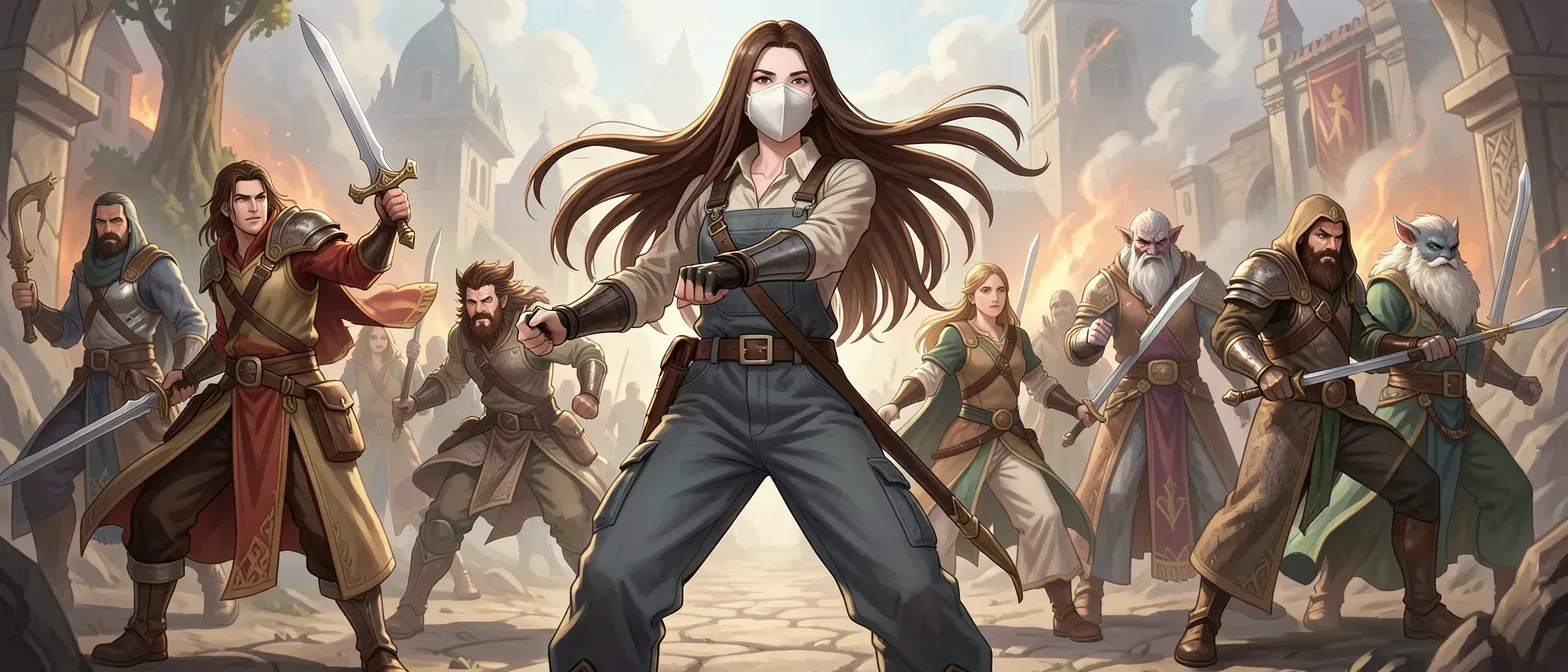 17-year-old tall girl with long straight brown hair, pale skin, dark empty eyes, pretty unreadable face; wears plain neutral dresses or mechanic coveralls, sometimes a blank mask.