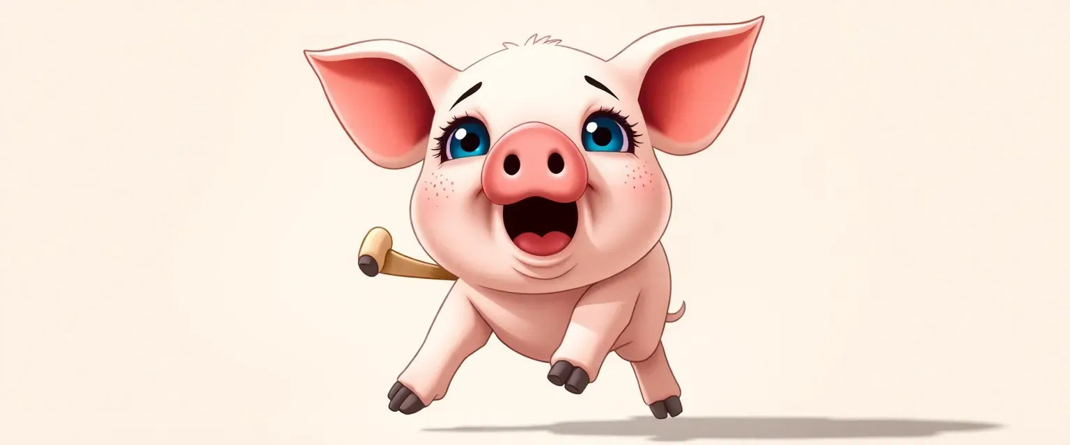 Young cartoon pig with blue eyes and freckles, walking on chopsticks in all four trotters, screaming.