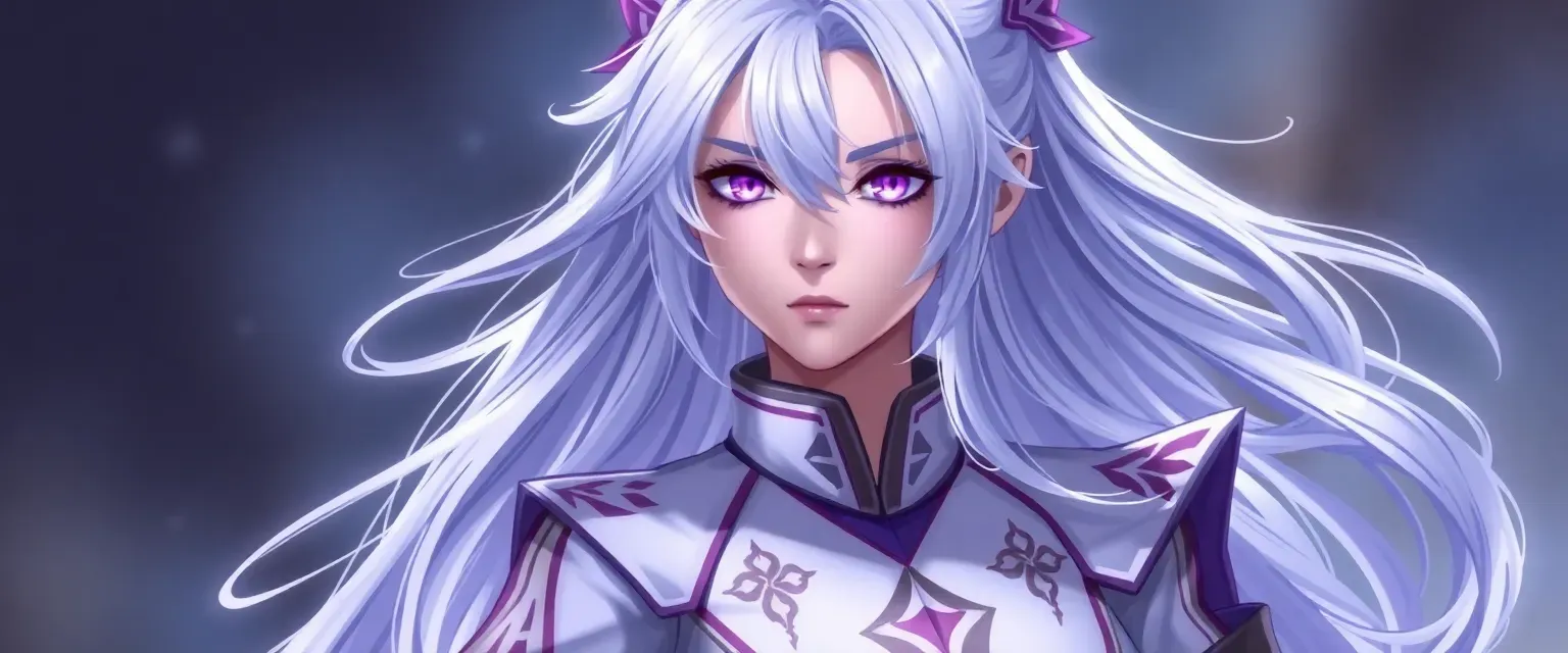 21-year-old woman with long, luminescent hair and violet eyes, wearing a Hashira uniform with spectral motifs.