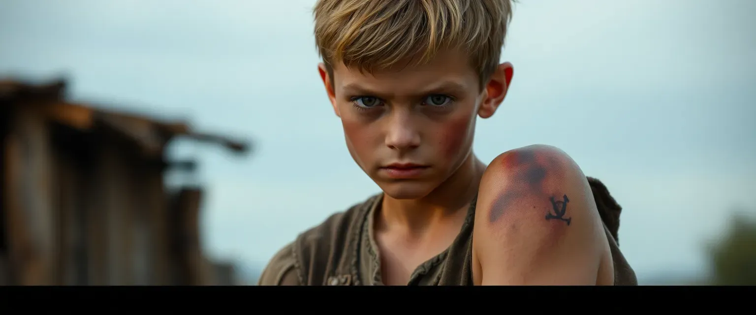 15-year-old boy with burn scars on legs, hardened expression, peasant clothing, determined eyes.