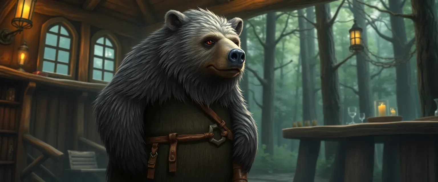 A wise bear innkeeper with gray-streaked fur and a wooden leg, standing in a forest inn.