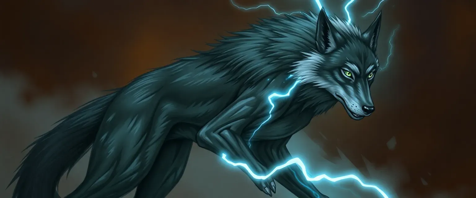 A she-wolf with gray and black fur, lean and muscular, with eyes like lightning.