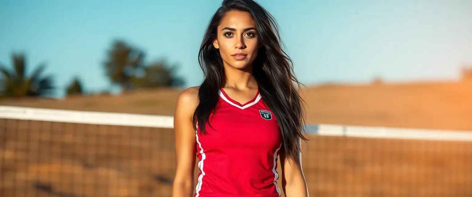 Tall, athletic 24-year-old woman with olive skin, long dark hair, and hazel eyes, wearing a volleyball uniform.