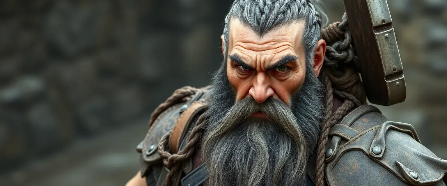 A rugged 45-year-old barbarian dwarf with iron-gray braided beard, scarred scalp, bushy brows, wearing weathered leather armor and chainmail, carrying a notched greataxe, fierce flint eyes.