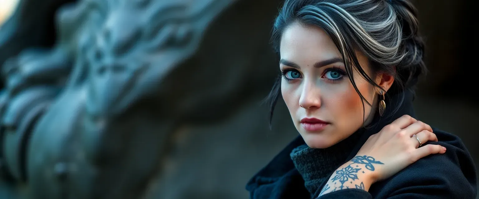 Woman in her late thirties, gray eyes, raven hair with silver streaks, practical bun, dark coat, sturdy boots, starling tattoo on wrist.