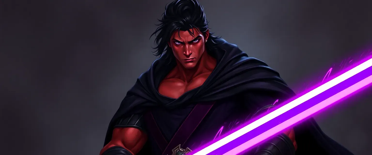 Tall, muscular man with crimson skin, veiled eyes, dark hair, wearing a dark tunic and cloak, wielding a dark purple lightsaber.