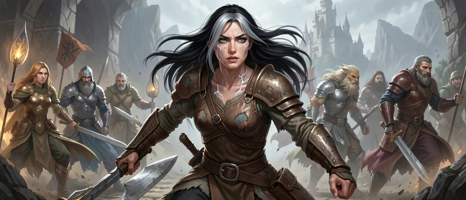 A 25-year-old woman with raven-black hair streaked silver, stormy gray eyes, and lightning-like scars on her shoulder and chest. Wears simple, patched leather armor and tunic, lithe build, weathered expression.
