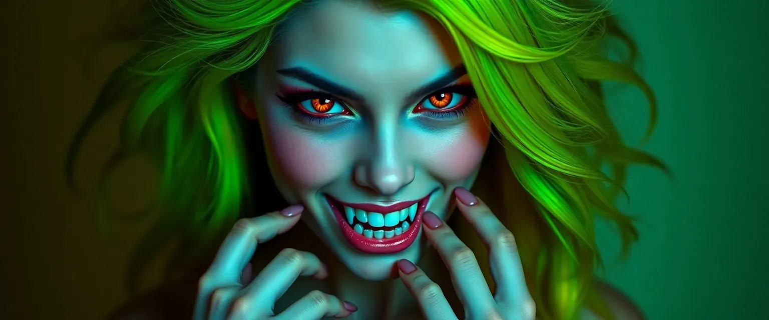 Curvaceous young woman with flaming yellowish-green hair, red-orange eyes, and pointy teeth and fingers.