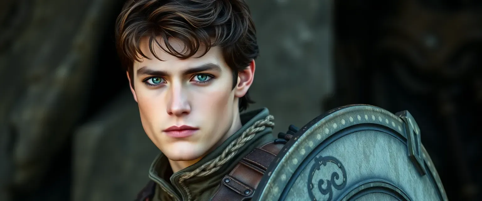 24-year-old man with dark brown hair and green eyes, wearing a scarred leather vest, carrying a flame tongue sword and a forgework shield.