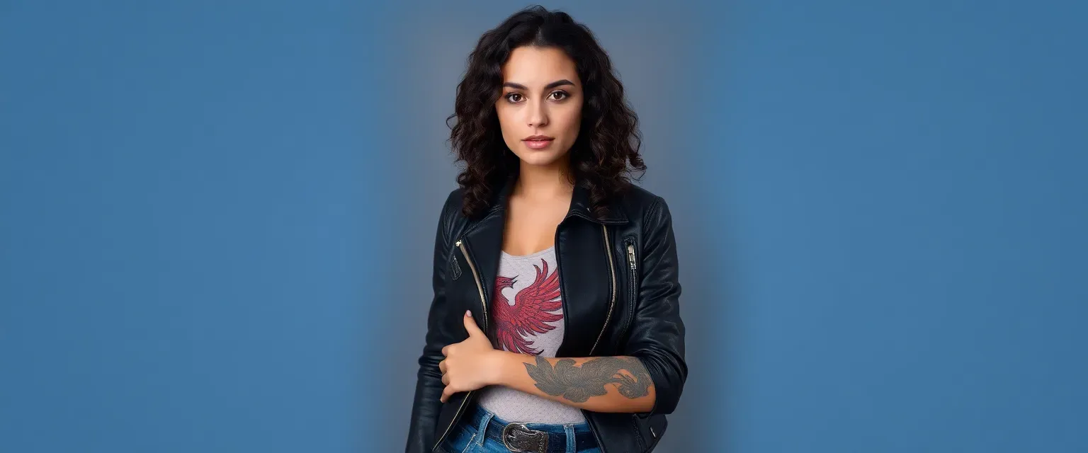 28-year-old Jess with dark curly hair, hazel eyes, wearing a leather jacket, jeans, and boots, with a phoenix tattoo on her arm.